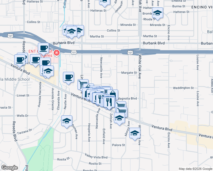 map of restaurants, bars, coffee shops, grocery stores, and more near 5300 Newcastle Avenue in Los Angeles