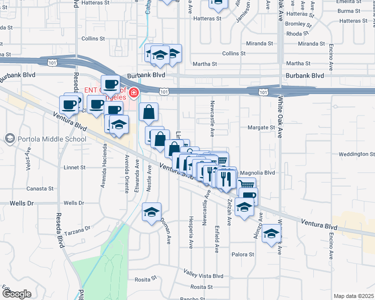 map of restaurants, bars, coffee shops, grocery stores, and more near 5292 Lindley Avenue in Los Angeles