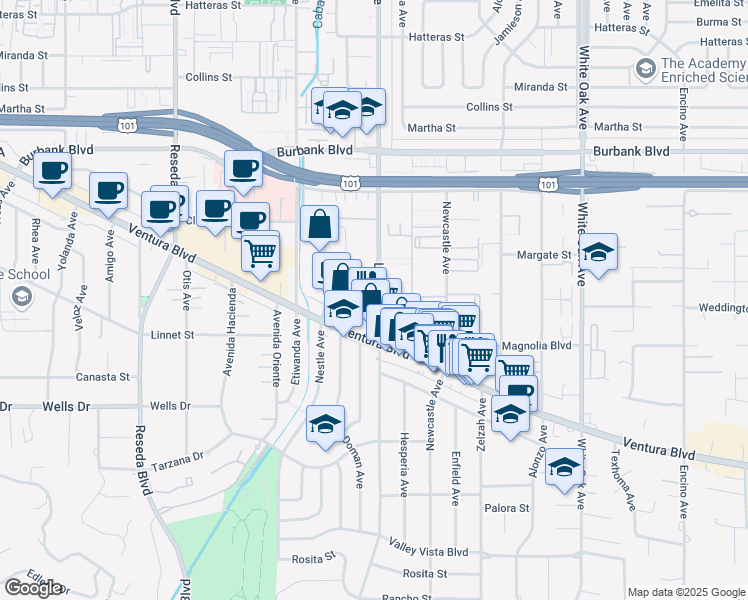 map of restaurants, bars, coffee shops, grocery stores, and more near 5292 Lindley Avenue in Los Angeles