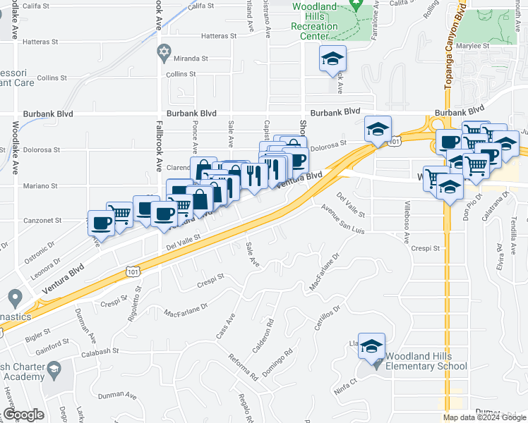 map of restaurants, bars, coffee shops, grocery stores, and more near 22515 Del Valle Street in Los Angeles