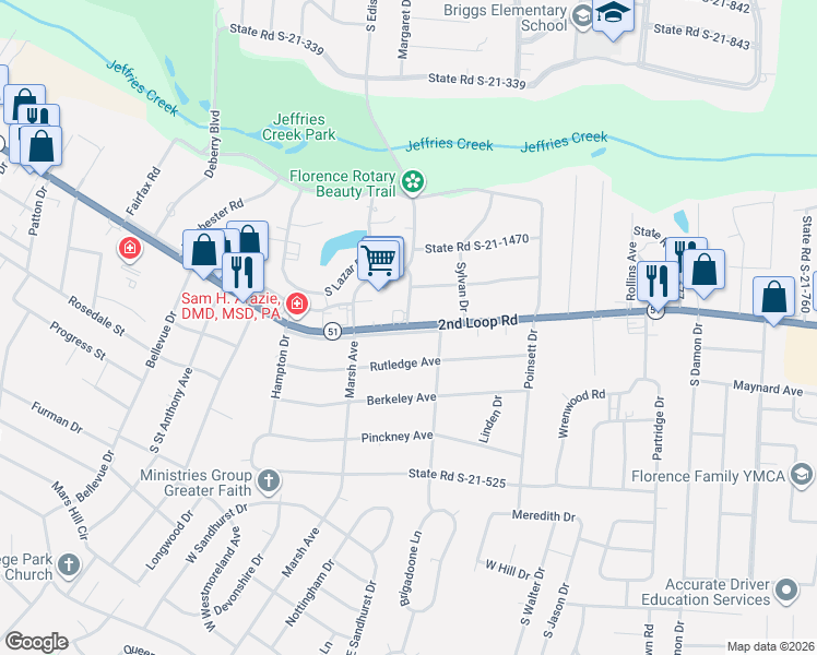 map of restaurants, bars, coffee shops, grocery stores, and more near 1216 2nd Loop Road in Florence