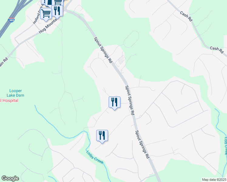 map of restaurants, bars, coffee shops, grocery stores, and more near 6230 Caprice Drive in Flowery Branch
