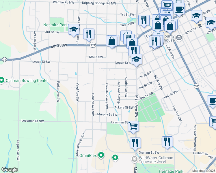 map of restaurants, bars, coffee shops, grocery stores, and more near 1212 Interbitzen Street Southwest in Cullman