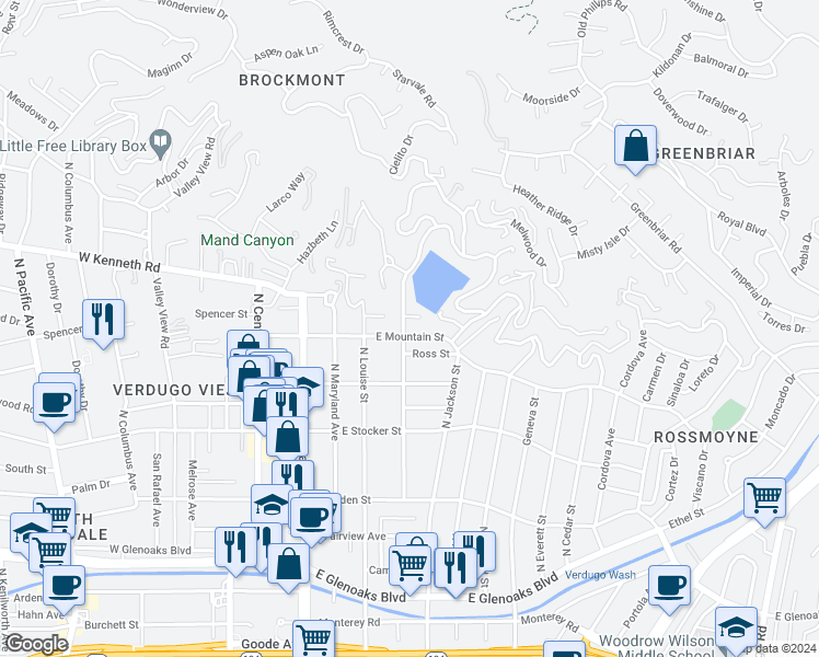 map of restaurants, bars, coffee shops, grocery stores, and more near 401 East Mountain Street in Glendale