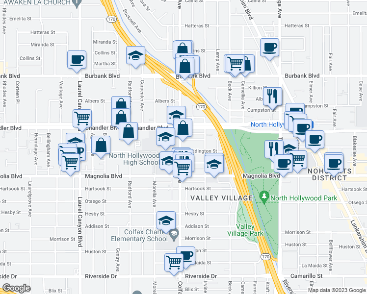 map of restaurants, bars, coffee shops, grocery stores, and more near 11691 Weddington Street in Los Angeles