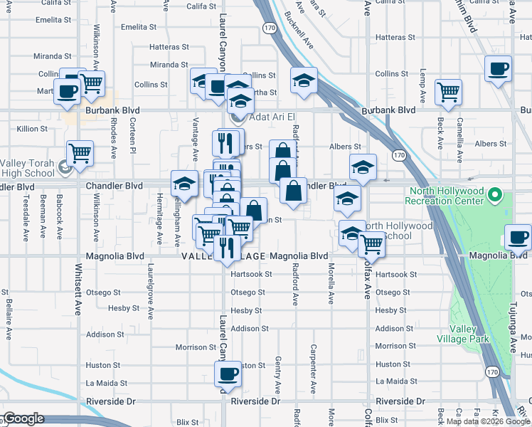 map of restaurants, bars, coffee shops, grocery stores, and more near 11941 Weddington Street in Los Angeles