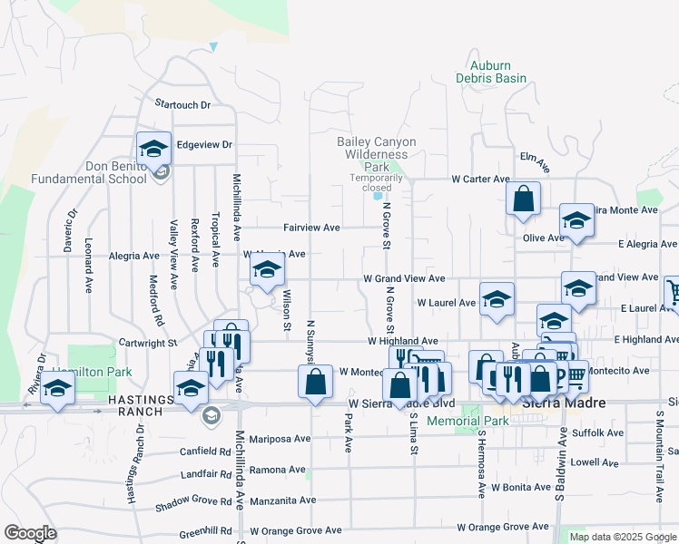 map of restaurants, bars, coffee shops, grocery stores, and more near 523 West Grand View Avenue in Sierra Madre