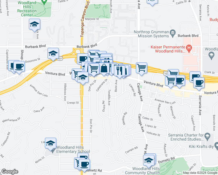 map of restaurants, bars, coffee shops, grocery stores, and more near 5343 Tendilla Avenue in Los Angeles