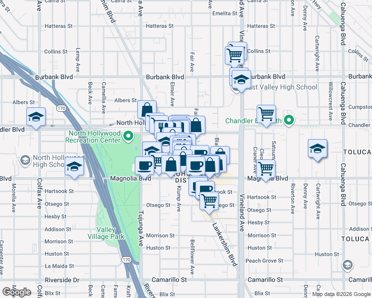map of restaurants, bars, coffee shops, grocery stores, and more near 11179 Weddington Street in Los Angeles