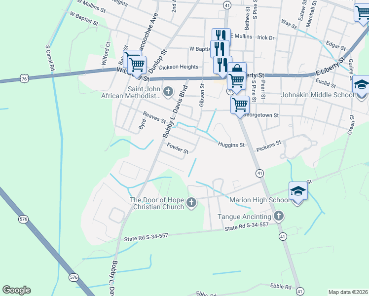 map of restaurants, bars, coffee shops, grocery stores, and more near 302 Fowler Street in Marion