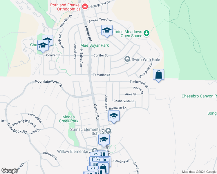 map of restaurants, bars, coffee shops, grocery stores, and more near 6346 Acadia Avenue in Agoura Hills