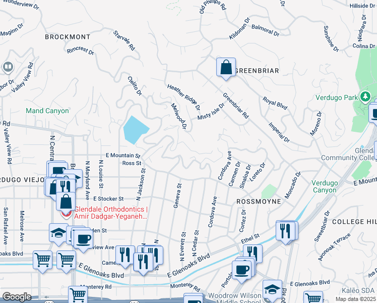map of restaurants, bars, coffee shops, grocery stores, and more near 830 Harrington Road in Glendale