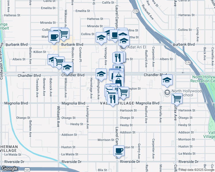 map of restaurants, bars, coffee shops, grocery stores, and more near 5306 Vantage Avenue in Los Angeles
