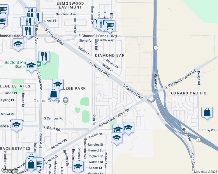 map of restaurants, bars, coffee shops, grocery stores, and more near 3540 Olds Road in Oxnard