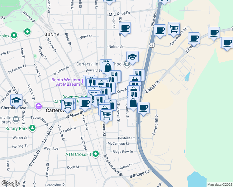 map of restaurants, bars, coffee shops, grocery stores, and more near 45 Stonewall Street in Cartersville