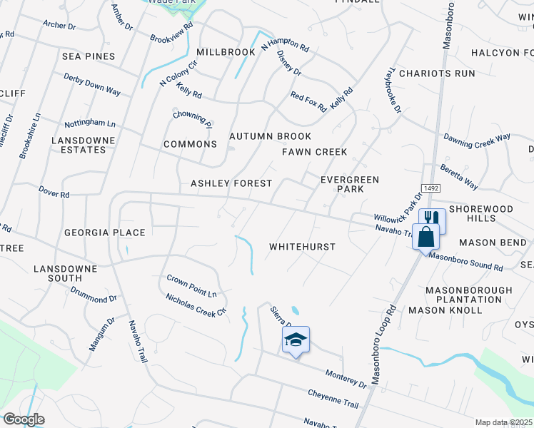 map of restaurants, bars, coffee shops, grocery stores, and more near 1110 Navaho Trail in Wilmington