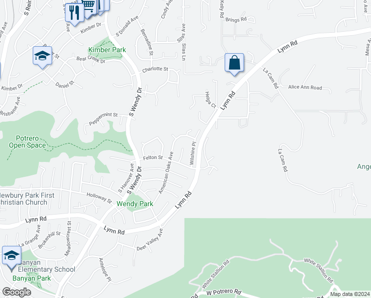 map of restaurants, bars, coffee shops, grocery stores, and more near 610 Barrington Court in Thousand Oaks