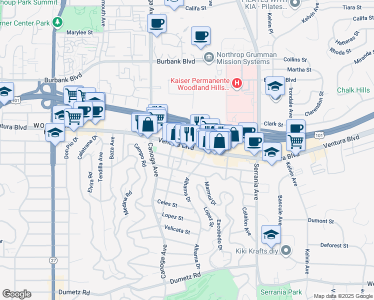 map of restaurants, bars, coffee shops, grocery stores, and more near 21150 Ventura Boulevard in Los Angeles