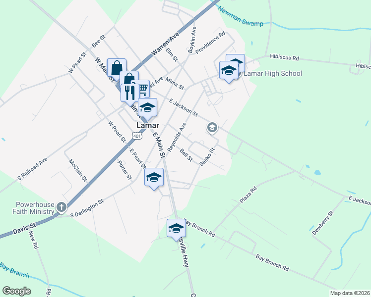 map of restaurants, bars, coffee shops, grocery stores, and more near 208A Adams Circle in Lamar