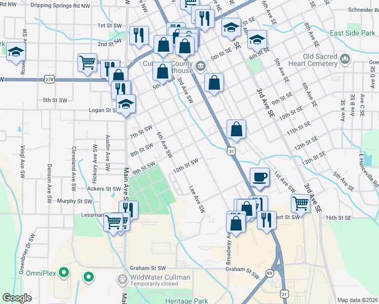 map of restaurants, bars, coffee shops, grocery stores, and more near 408 9th Street Southwest in Cullman