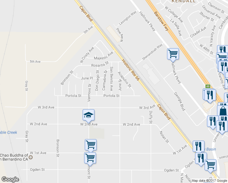 map of restaurants, bars, coffee shops, grocery stores, and more near 3915 San Benito Avenue in Muscoy
