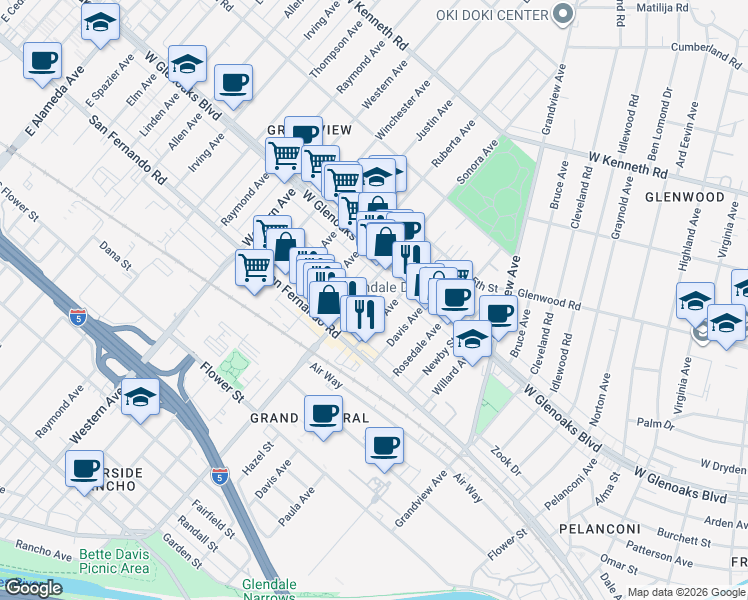 map of restaurants, bars, coffee shops, grocery stores, and more near 1042 Sonora Avenue in Glendale