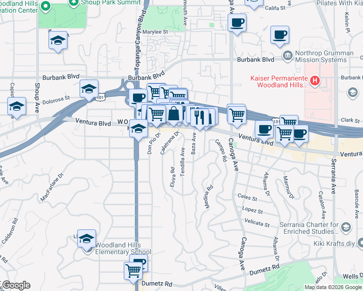 map of restaurants, bars, coffee shops, grocery stores, and more near 5343 Tendilla Avenue in Los Angeles