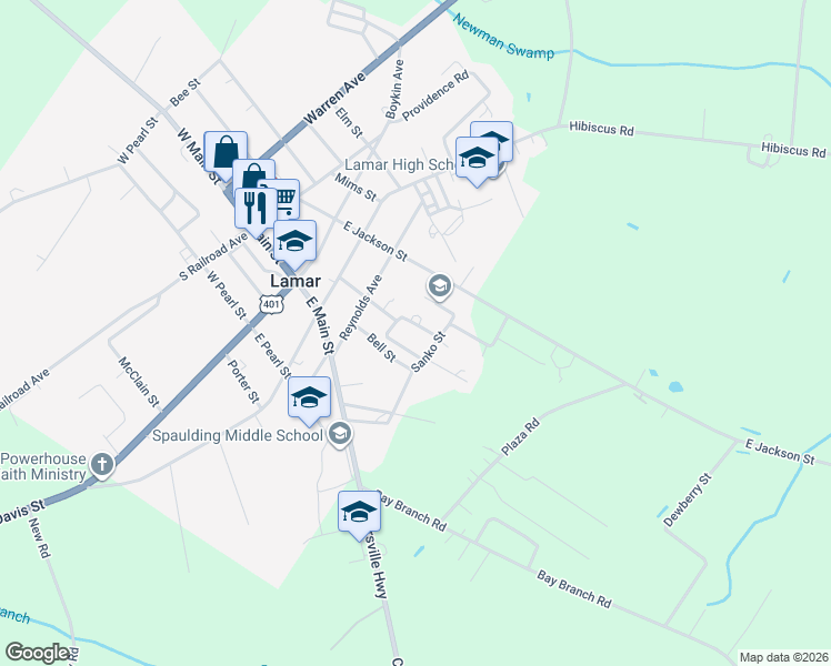 map of restaurants, bars, coffee shops, grocery stores, and more near 225 Adams Circle in Lamar