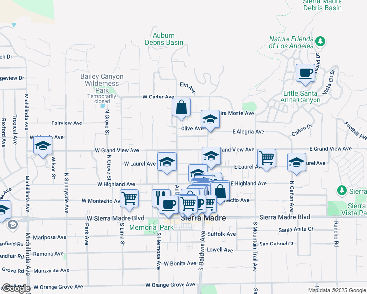 map of restaurants, bars, coffee shops, grocery stores, and more near 81 West Grand View Avenue in Sierra Madre