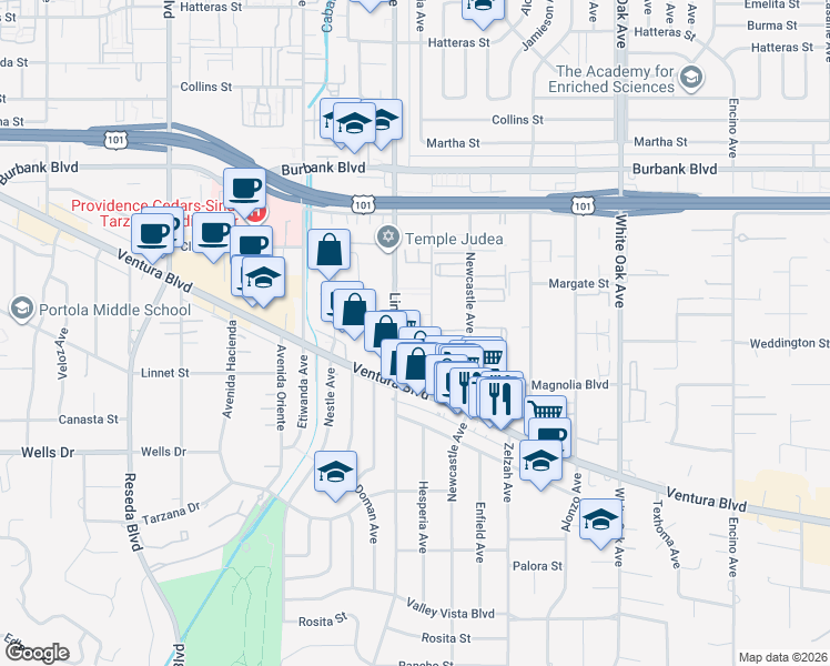 map of restaurants, bars, coffee shops, grocery stores, and more near 5292 Lindley Avenue in Los Angeles