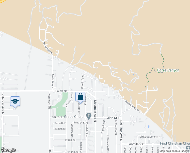 map of restaurants, bars, coffee shops, grocery stores, and more near 4211 Mountain Avenue North in San Bernardino