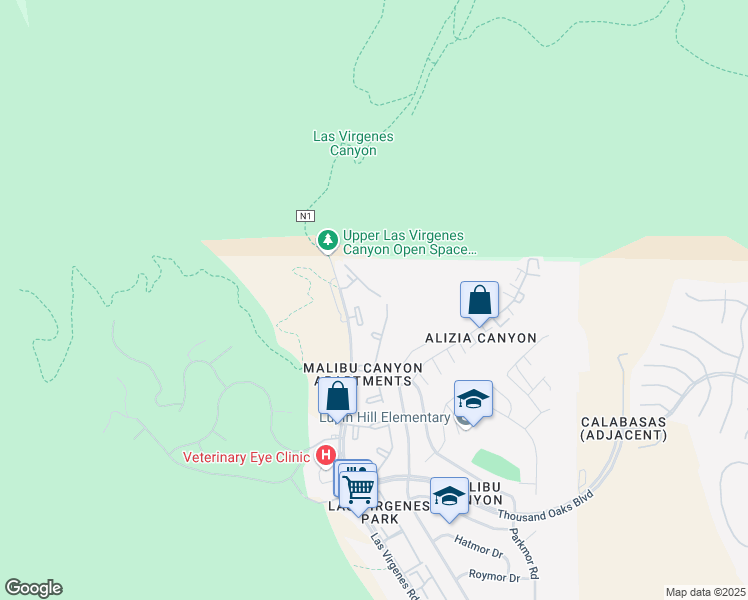 map of restaurants, bars, coffee shops, grocery stores, and more near 5952 Las Virgenes Road in Calabasas
