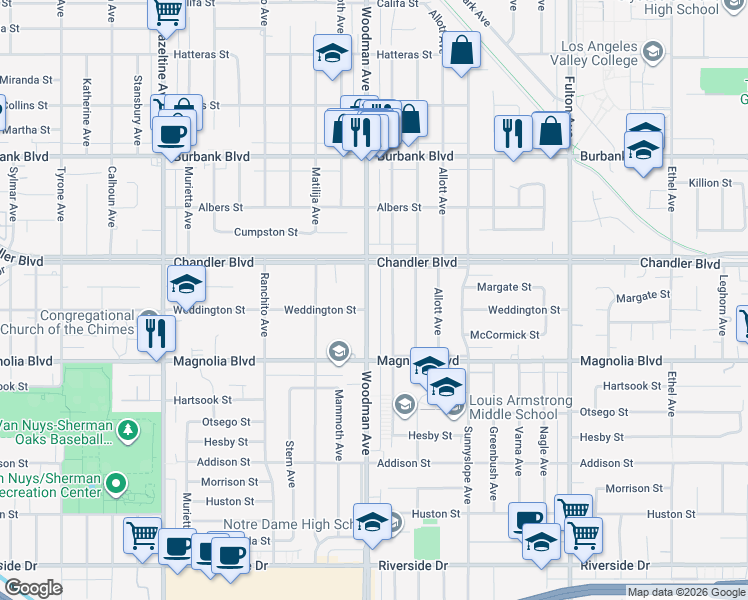 map of restaurants, bars, coffee shops, grocery stores, and more near 5310 Woodman Avenue in Los Angeles