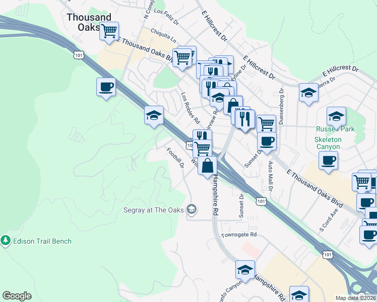 map of restaurants, bars, coffee shops, grocery stores, and more near 3011 Willow Lane in Thousand Oaks