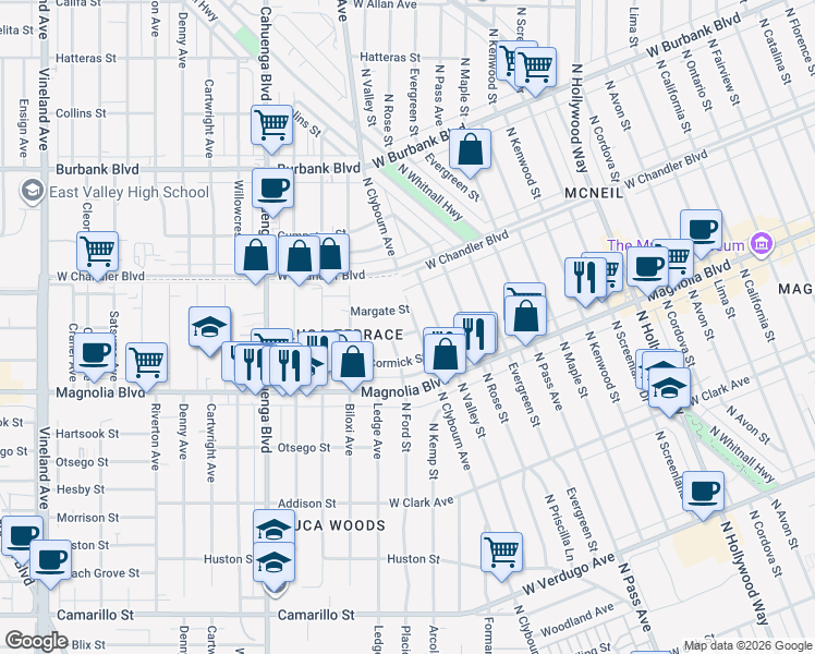 map of restaurants, bars, coffee shops, grocery stores, and more near 10327 Weddington Street in Los Angeles