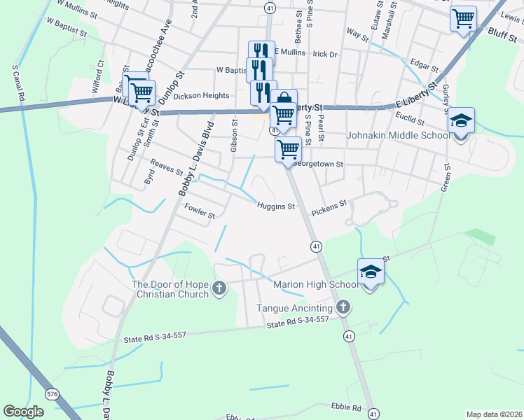 map of restaurants, bars, coffee shops, grocery stores, and more near 205 Huggins Street in Marion
