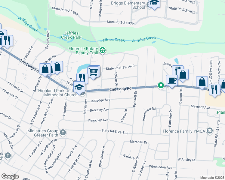 map of restaurants, bars, coffee shops, grocery stores, and more near 1148 South Carolina 51 in Florence
