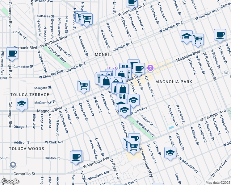 map of restaurants, bars, coffee shops, grocery stores, and more near 929 North Hollywood Way in Burbank