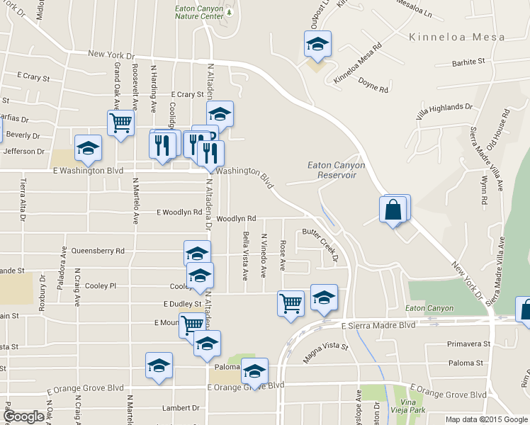 map of restaurants, bars, coffee shops, grocery stores, and more near 2675 Woodlyn Road in Pasadena