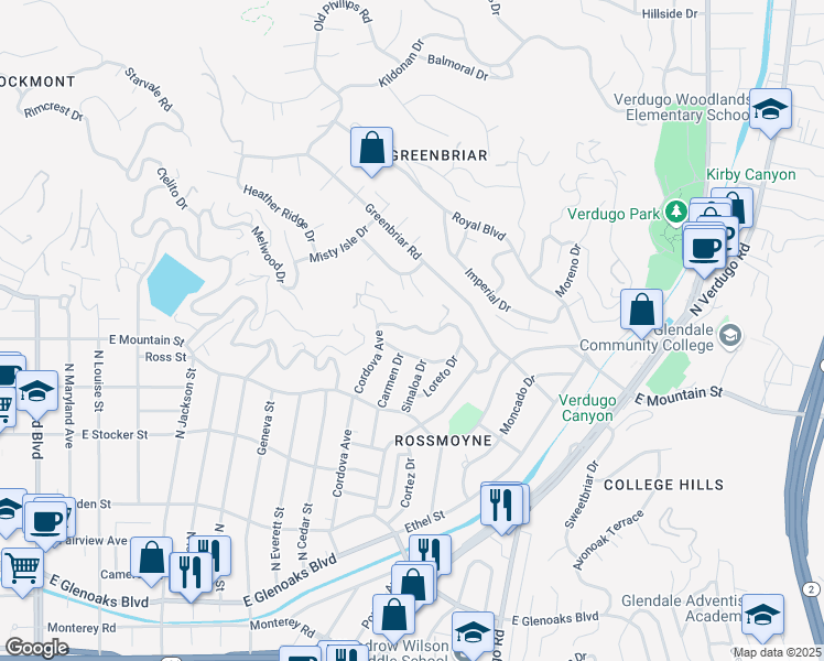 map of restaurants, bars, coffee shops, grocery stores, and more near 932 Hillcroft Road in Glendale