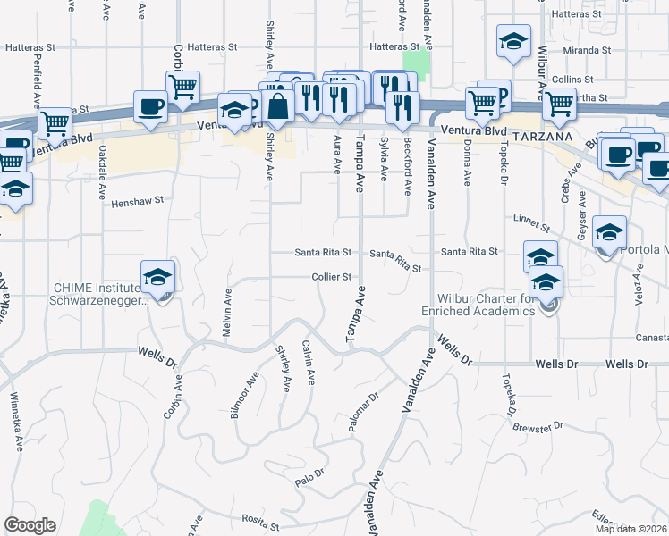 map of restaurants, bars, coffee shops, grocery stores, and more near 19335 Collier Street in Los Angeles