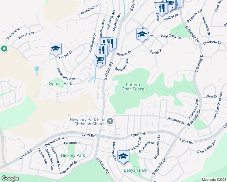 map of restaurants, bars, coffee shops, grocery stores, and more near 650 Astera Court in Thousand Oaks