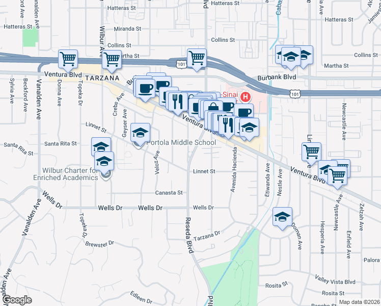 map of restaurants, bars, coffee shops, grocery stores, and more near 5250 Mecca Avenue in Los Angeles