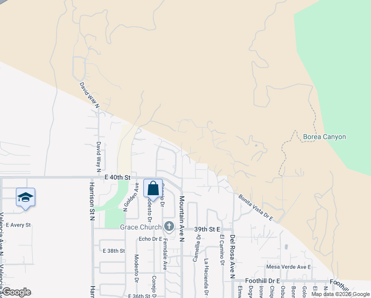 map of restaurants, bars, coffee shops, grocery stores, and more near 4196 Mountain Avenue North in San Bernardino