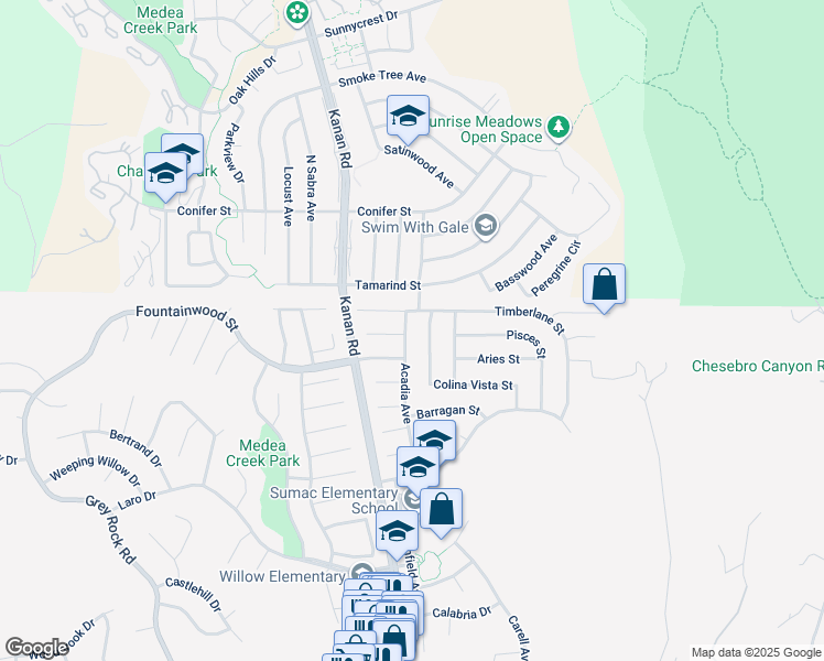map of restaurants, bars, coffee shops, grocery stores, and more near 6346 Acadia Avenue in Agoura Hills