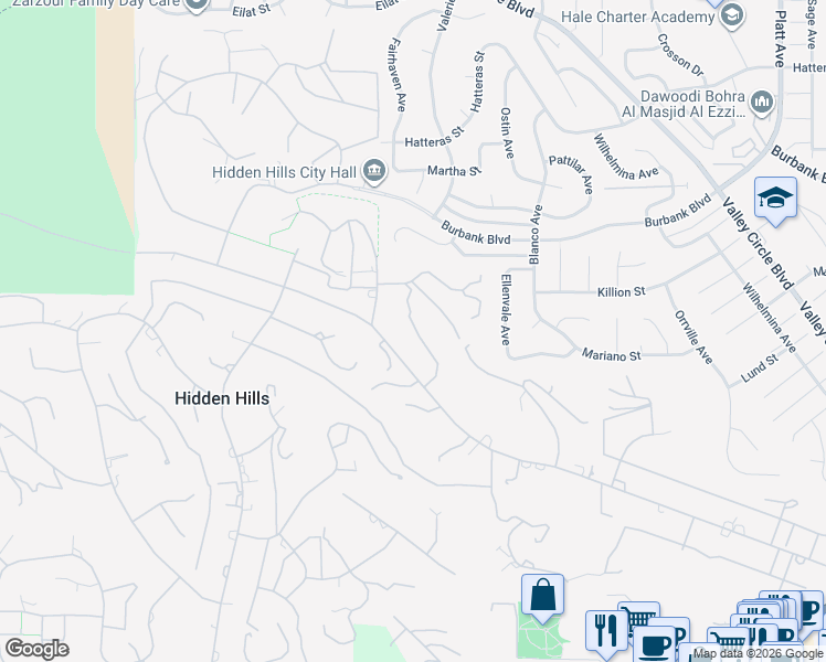 map of restaurants, bars, coffee shops, grocery stores, and more near 24172 Lupin Hill Road in Hidden Hills