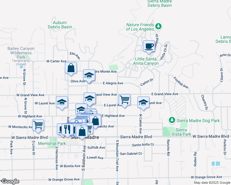 map of restaurants, bars, coffee shops, grocery stores, and more near 201 East Grand View Avenue in Sierra Madre