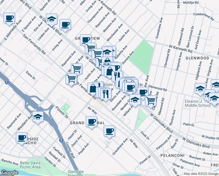 map of restaurants, bars, coffee shops, grocery stores, and more near 1069 Grover Avenue in Glendale