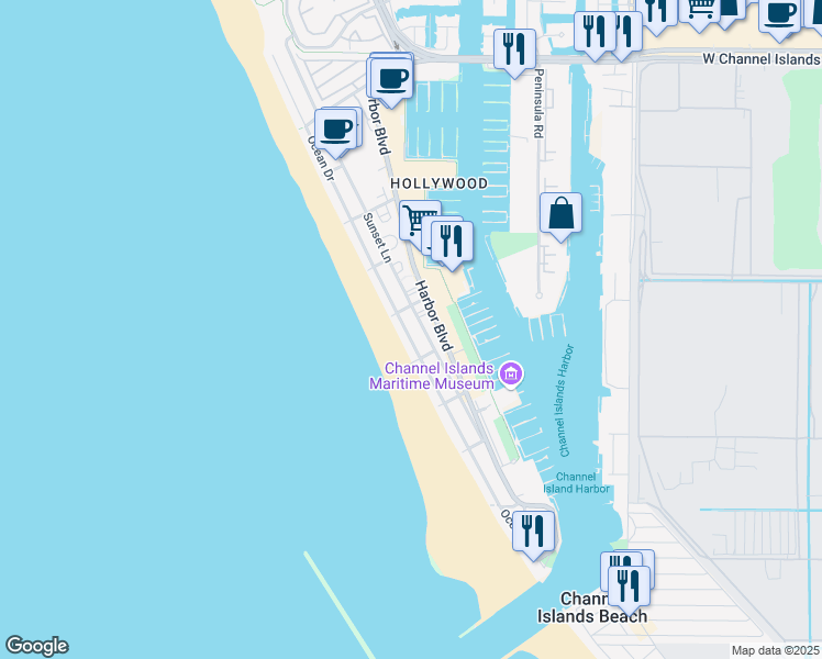 map of restaurants, bars, coffee shops, grocery stores, and more near 3636 Ocean Drive in Oxnard