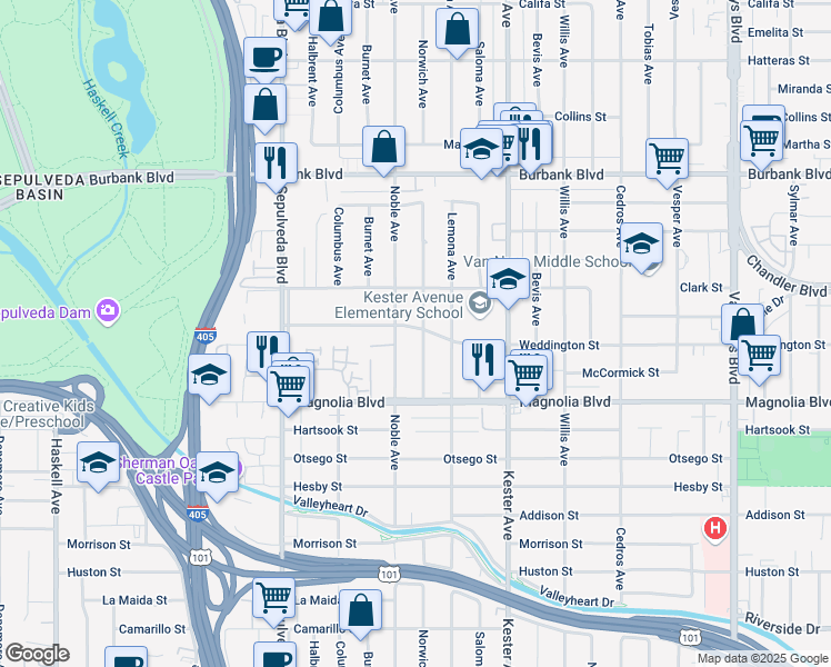 map of restaurants, bars, coffee shops, grocery stores, and more near 5311 Norwich Ave in Los Angeles